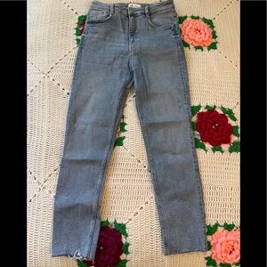 Zara light wash jeans US Sz 6, high waisted, raw hem.